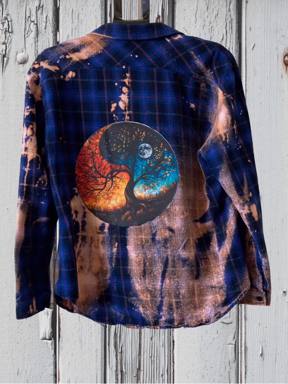 Handcrafted Bleached Flannel Graphic back, Women, XL, Boho, Blue Plaid